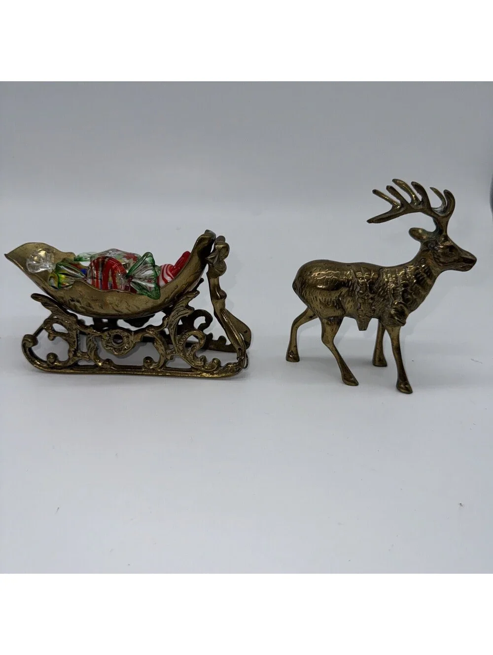 Midcentury Heavy Brass Reindeer And Sleigh long Christmas centerpiece decor